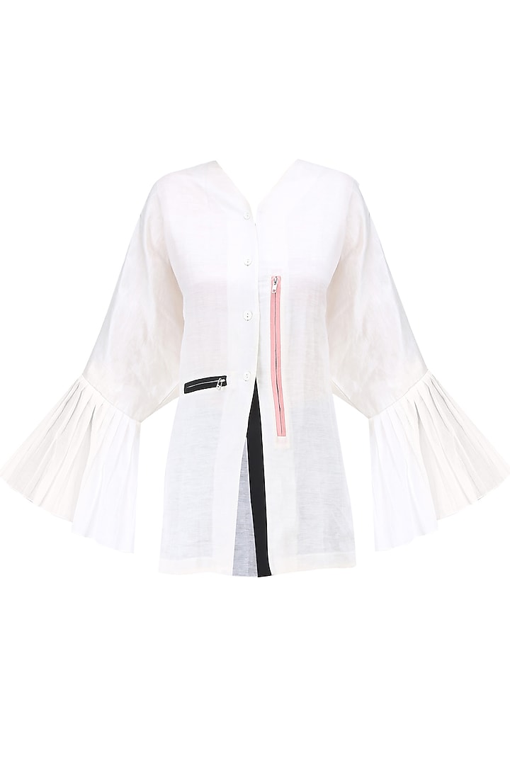 White Kimono Sleeves V Neck Shirt by QUO