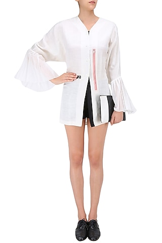 White Kimono Sleeves V Neck Shirt by QUO
