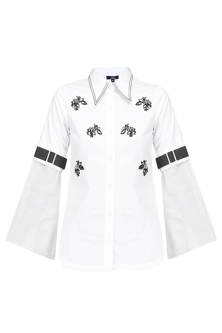 White Sequins Embroidered Satin Shirt by QUO