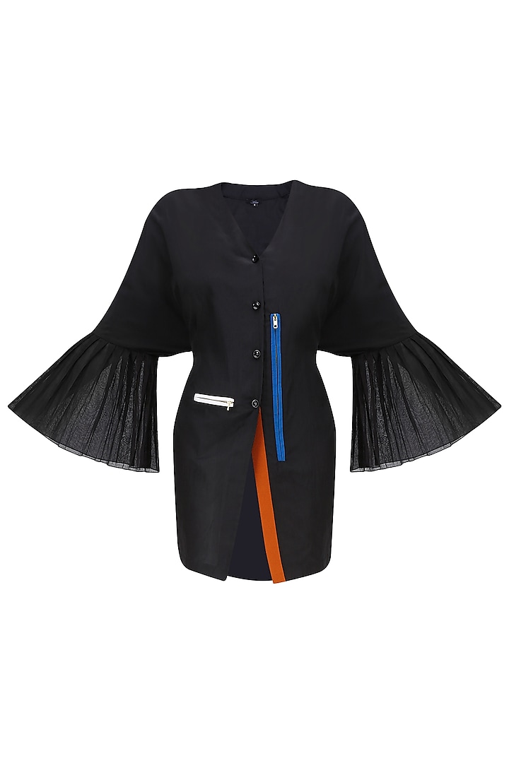 Black Kimono Sleeves V Neck Shirt by QUO