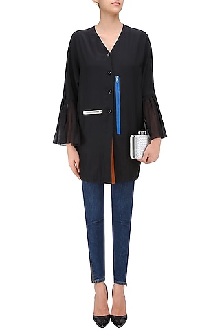 Black Kimono Sleeves V Neck Shirt by QUO