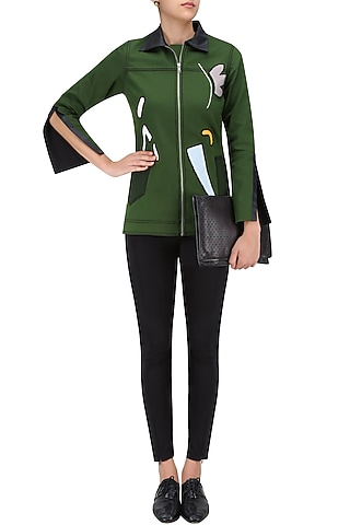 Green Hand Appliqued Denim Jacket by QUO
