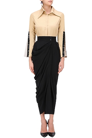 Beige Double Layered Sleeves Shirt by QUO
