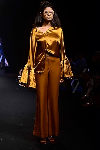 Gold Flared Sleeves Blouse by QUO