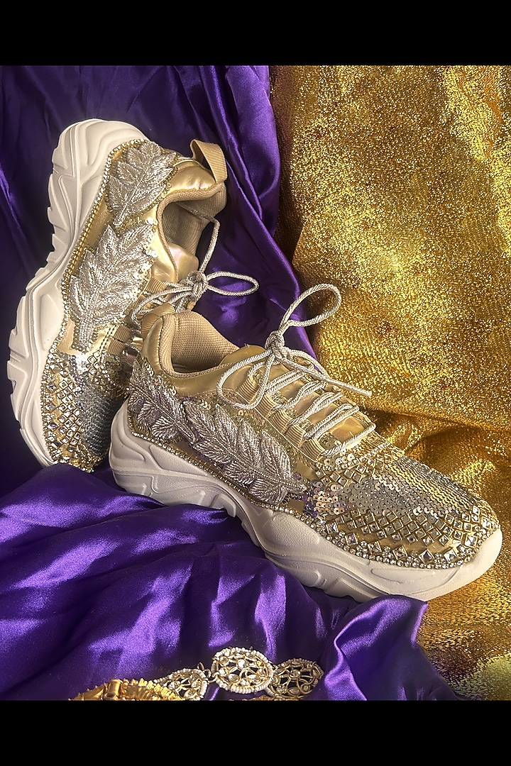 Golden Vegan Leather Crystal sequins & Silver Leafwork Sneakers by Chal Jooti at Pernia's Pop Up Shop