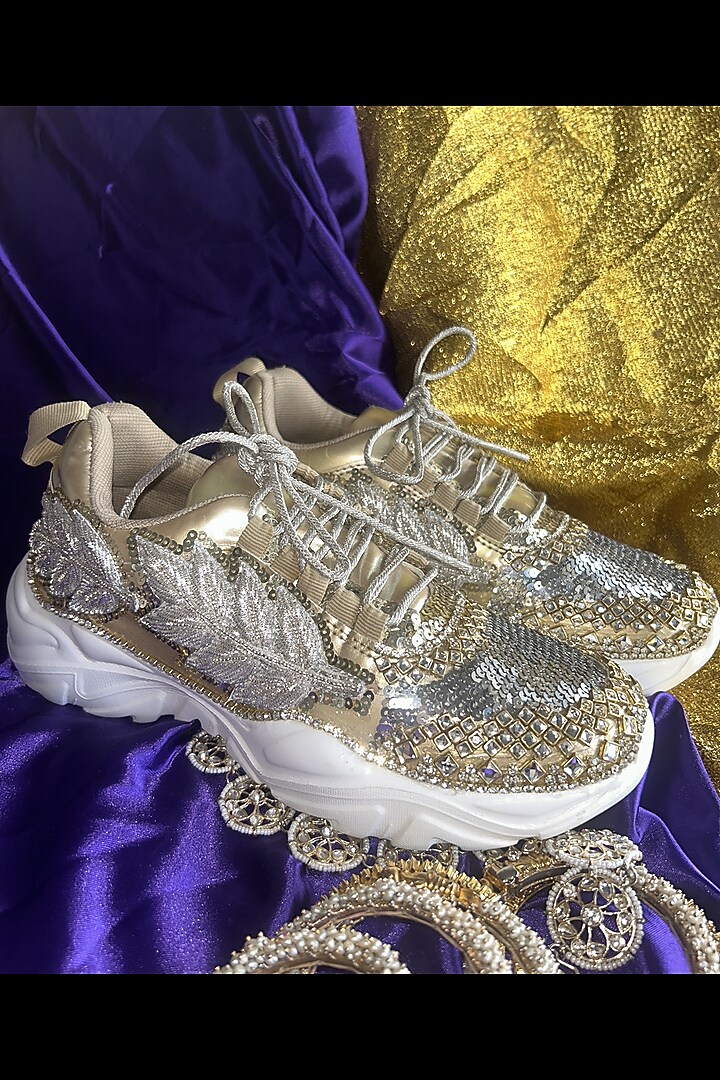 Golden Vegan Leather Crystal sequins & Silver Leafwork Sneakers by Chal Jooti at Pernia's Pop Up Shop