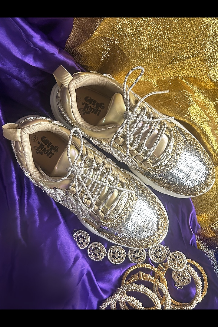 Golden Vegan Leather Crystal sequins & Silver Leafwork Sneakers by Chal Jooti at Pernia's Pop Up Shop