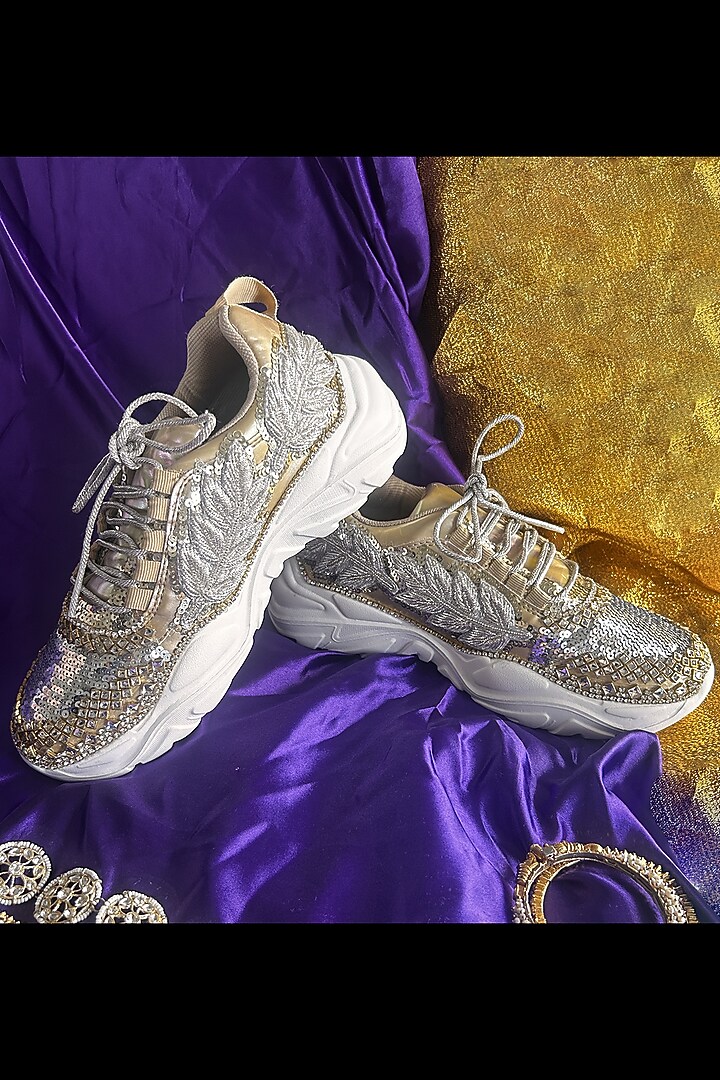 Golden Vegan Leather Crystal sequins & Silver Leafwork Sneakers by Chal Jooti at Pernia's Pop Up Shop