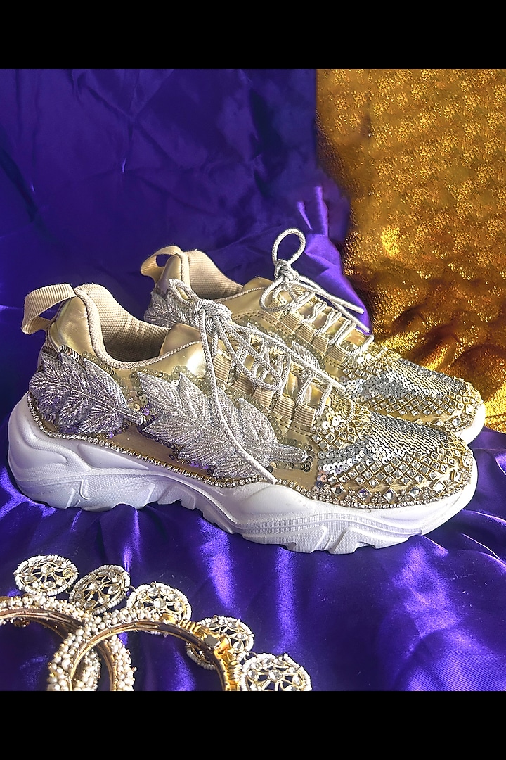 Golden Vegan Leather Crystal sequins & Silver Leafwork Sneakers by Chal Jooti at Pernia's Pop Up Shop