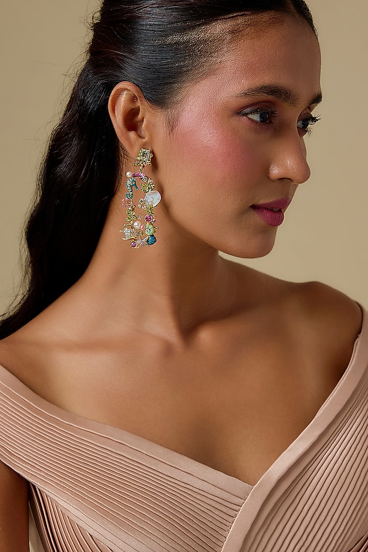 Gold Finish Cubic Zirconia & Pearl Enameled Dangler Earrings In Sterling Silver by Raeesa Jewels by Sanjana and Ritu at Pernia's Pop Up Shop