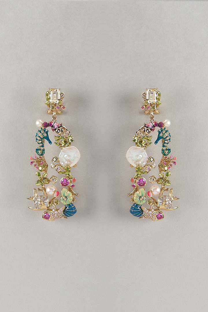 Gold Finish Cubic Zirconia & Pearl Enameled Dangler Earrings In Sterling Silver by Raeesa Jewels by Sanjana and Ritu at Pernia's Pop Up Shop