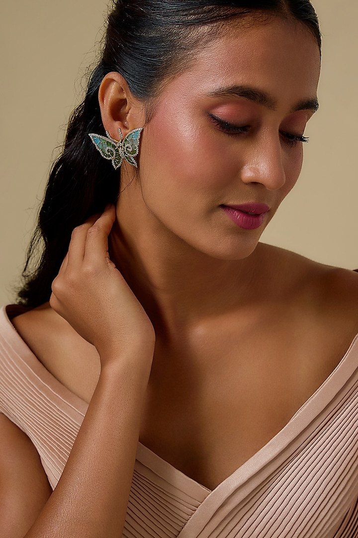 Gold Finish Hand-Painted & Cubic Zirconia Enameled Stud Earrings In Sterling Silver by Raeesa Jewels by Sanjana and Ritu at Pernia's Pop Up Shop