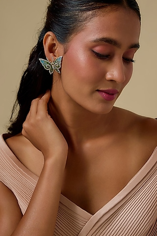 Gold Finish Hand-Painted & Cubic Zirconia Enameled Stud Earrings In Sterling Silver by raeesa jewels by sanjana and ritu