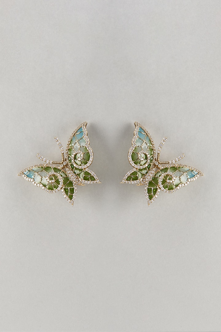 Gold Finish Hand-Painted & Cubic Zirconia Enameled Stud Earrings In Sterling Silver by Raeesa Jewels by Sanjana and Ritu at Pernia's Pop Up Shop