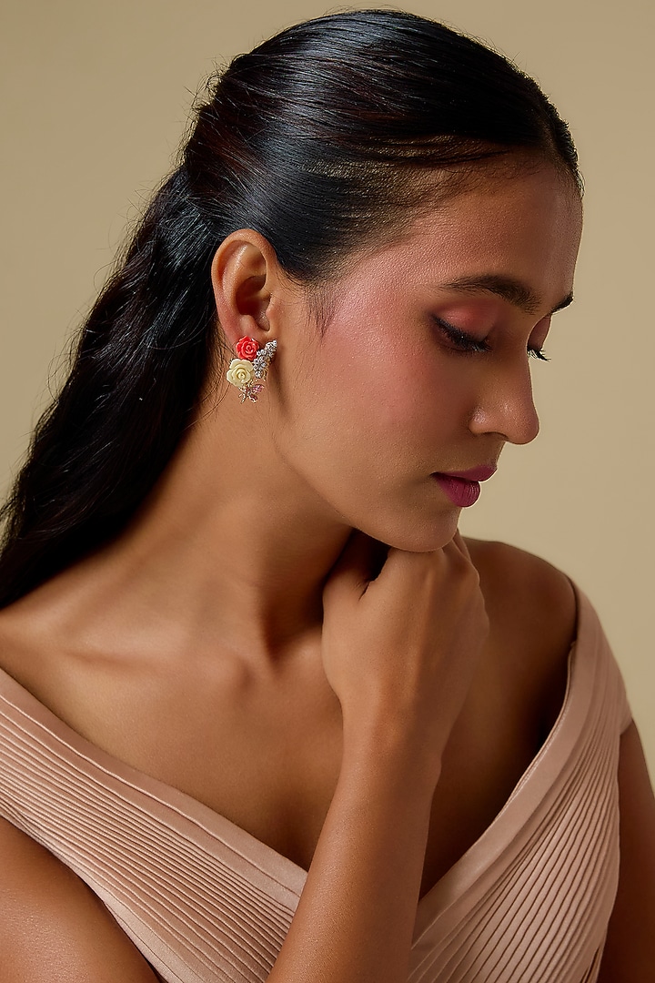 Gold Finish Cubic Zirconia & Multi-Colored Stone Enameled Floral Stud Earrings In Sterling Silver by Raeesa Jewels by Sanjana and Ritu at Pernia's Pop Up Shop