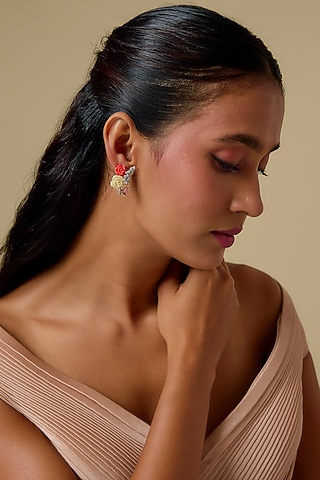 Gold Finish Cubic Zirconia & Multi-Colored Stone Enameled Floral Stud Earrings In Sterling Silver by Raeesa Jewels by Sanjana and Ritu