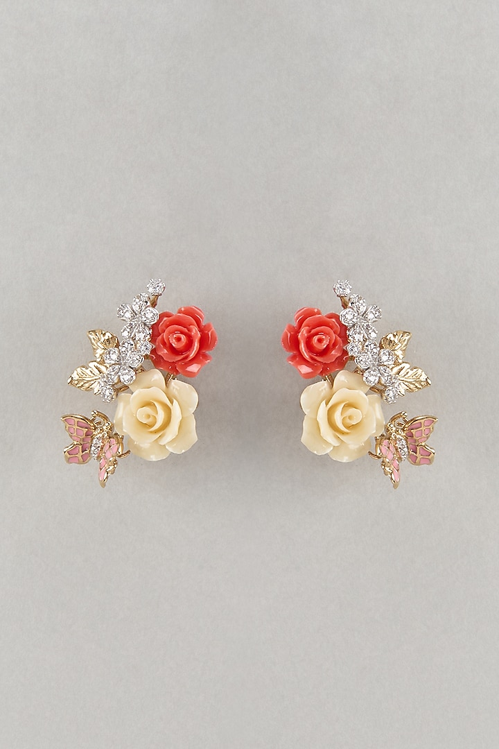 Gold Finish Cubic Zirconia & Multi-Colored Stone Enameled Floral Stud Earrings In Sterling Silver by Raeesa Jewels by Sanjana and Ritu at Pernia's Pop Up Shop