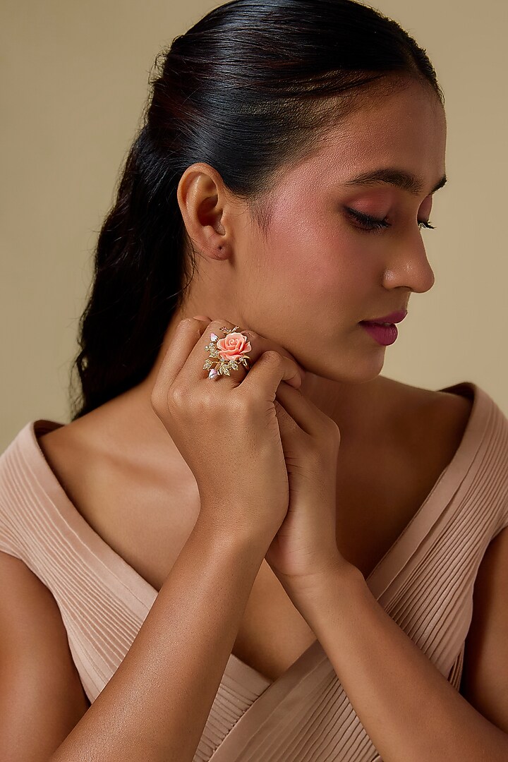 Gold Finish Cubic Zirconia Pink Enameled Floral Ring In Sterling Silver by Raeesa Jewels by Sanjana and Ritu at Pernia's Pop Up Shop