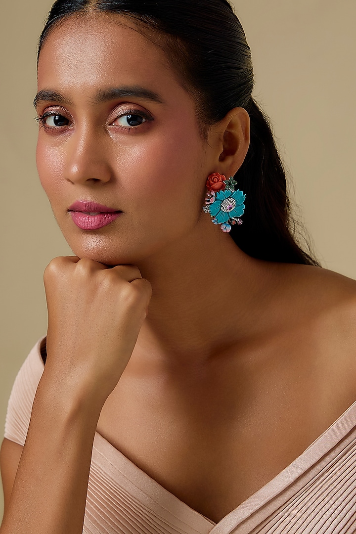White Finish Cubic Zirconia & Crystal Floral Dangler Earrings In Sterling Silver by Raeesa Jewels by Sanjana and Ritu at Pernia's Pop Up Shop