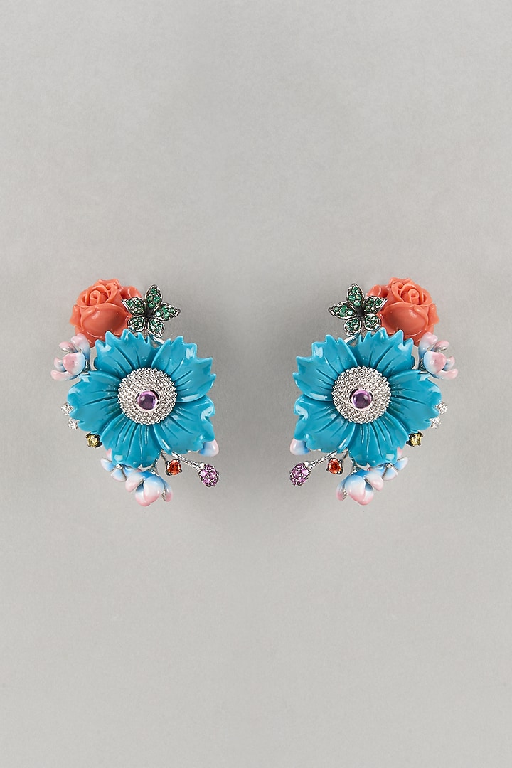 White Finish Cubic Zirconia & Crystal Floral Dangler Earrings In Sterling Silver by Raeesa Jewels by Sanjana and Ritu at Pernia's Pop Up Shop