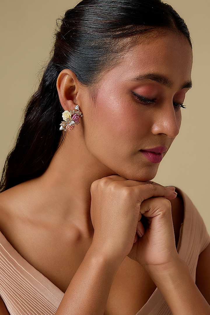 White Finish Cubic Zirconia & Peach Stone Handcrafted Floral Dangler Earrings In Sterling Silver by Raeesa Jewels by Sanjana and Ritu at Pernia's Pop Up Shop