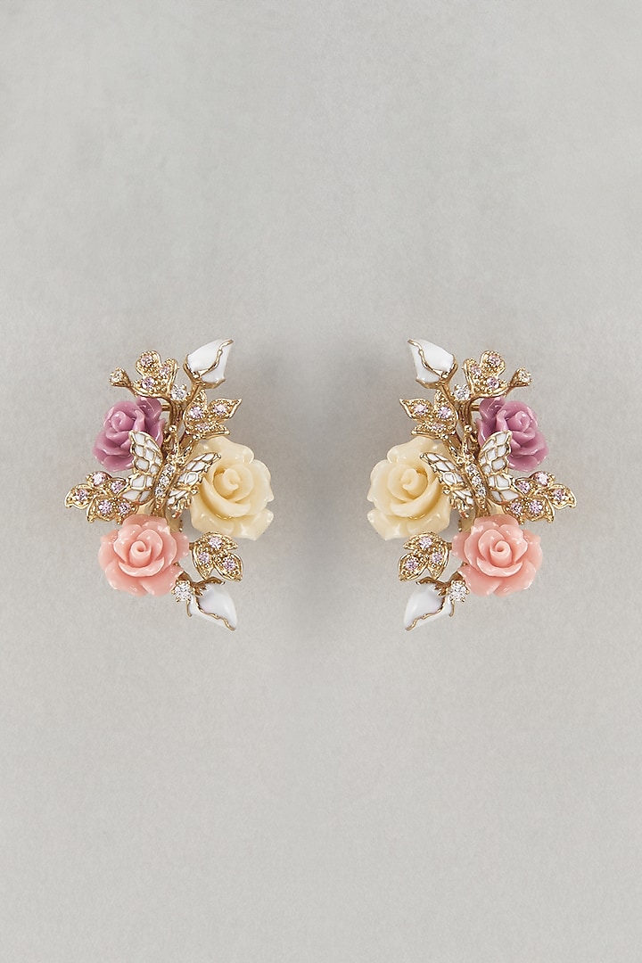 White Finish Cubic Zirconia & Peach Stone Handcrafted Floral Dangler Earrings In Sterling Silver by Raeesa Jewels by Sanjana and Ritu at Pernia's Pop Up Shop