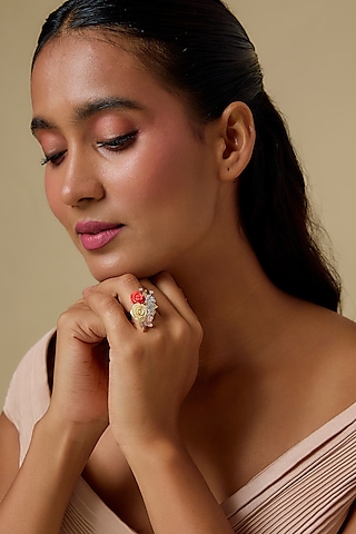Gold Finish Cubic Zirconia Pink Enameled Floral Ring In Sterling Silver by Raeesa Jewels by Sanjana and Ritu