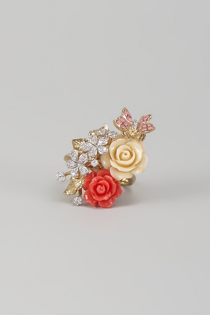 Gold Finish Cubic Zirconia Pink Enameled Floral Ring In Sterling Silver by Raeesa Jewels by Sanjana and Ritu at Pernia's Pop Up Shop
