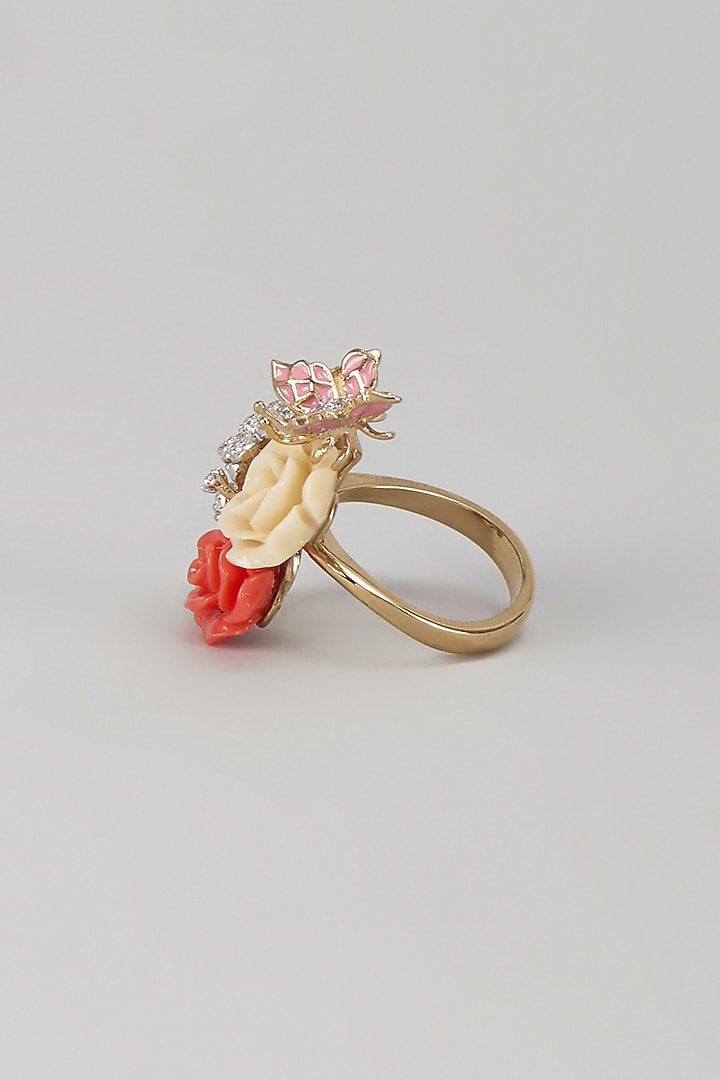 Gold Finish Cubic Zirconia Pink Enameled Floral Ring In Sterling Silver by Raeesa Jewels by Sanjana and Ritu at Pernia's Pop Up Shop