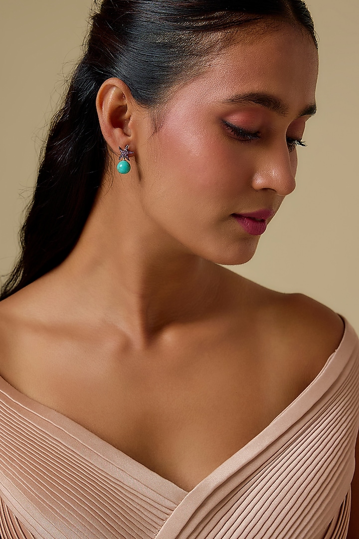 Gold Finish Cubic Zirconia & Turquoise Drop Stud Earrings In Sterling Silver by Raeesa Jewels by Sanjana and Ritu at Pernia's Pop Up Shop