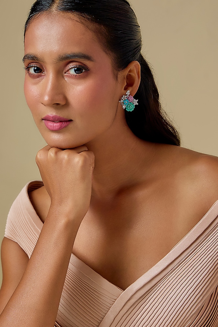 White Finish Cubic Zirconia Enameled Floral Stud Earrings In Sterling Silver by Raeesa Jewels by Sanjana and Ritu at Pernia's Pop Up Shop