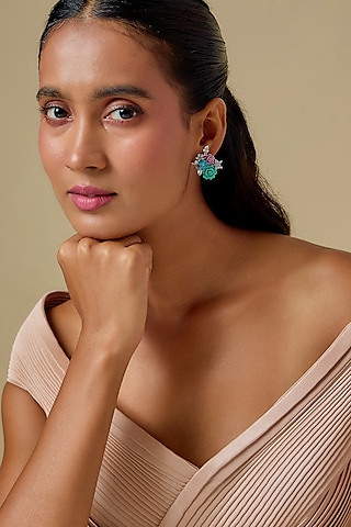 White Finish Cubic Zirconia Enameled Floral Stud Earrings In Sterling Silver by Raeesa Jewels by Sanjana and Ritu