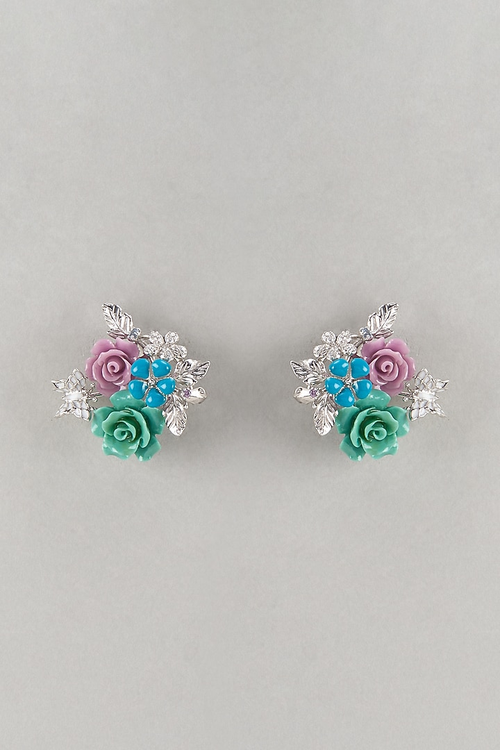 White Finish Cubic Zirconia Enameled Floral Stud Earrings In Sterling Silver by Raeesa Jewels by Sanjana and Ritu at Pernia's Pop Up Shop