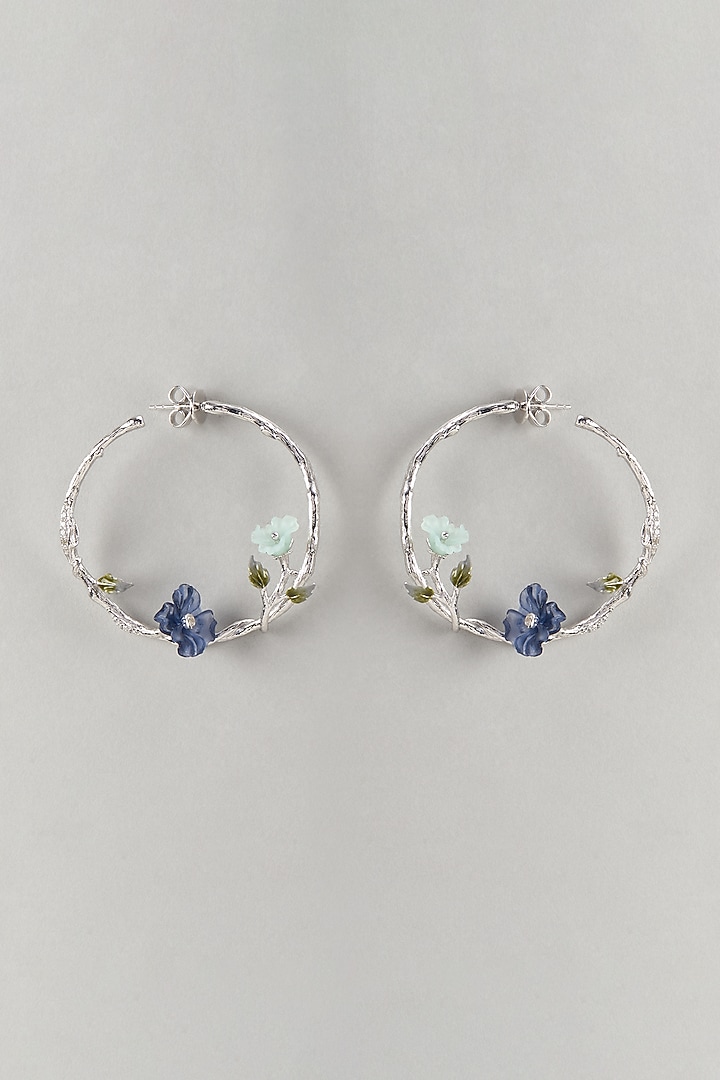White Finish Cubic Zirconia & Periwinkle Stone Floral Hoop Earrings In Sterling Silver by Raeesa Jewels by Sanjana and Ritu at Pernia's Pop Up Shop