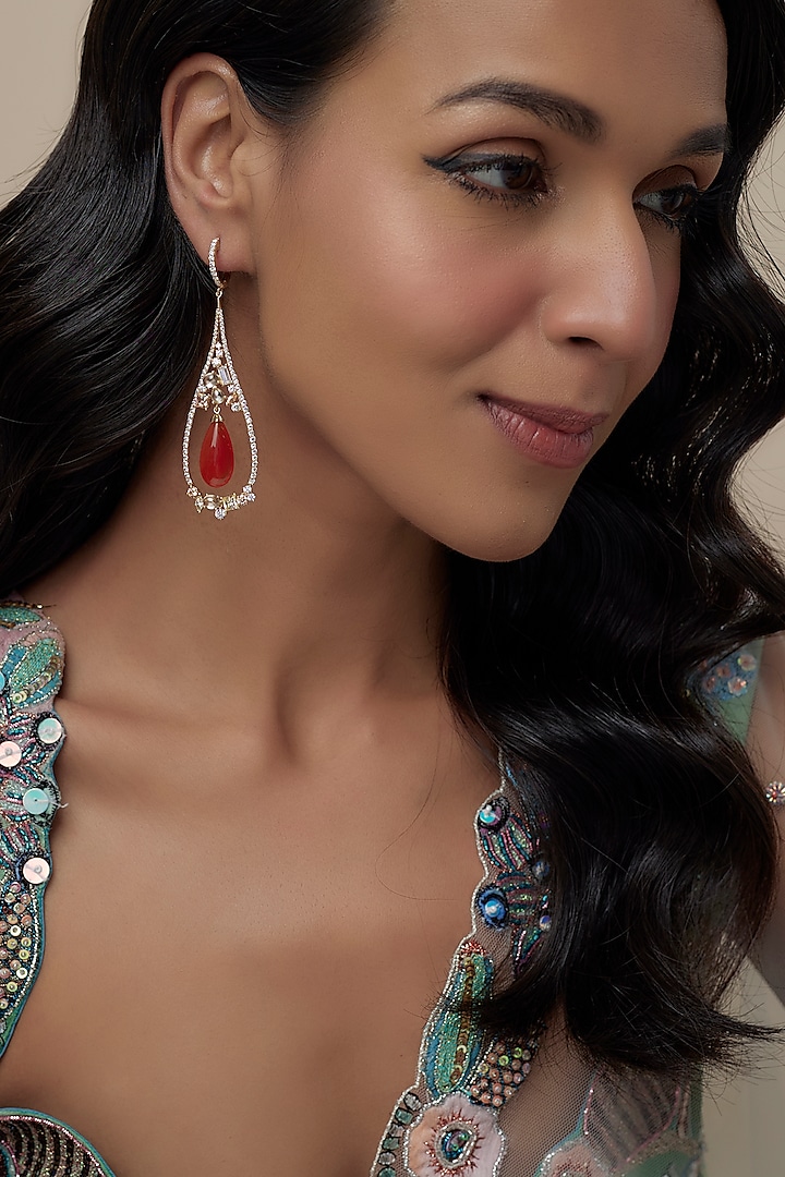 Gold Finish Cubic Zirconia & Agate Stone Dangler Earrings In Sterling Silver by Raeesa Jewels by Sanjana and Ritu at Pernia's Pop Up Shop