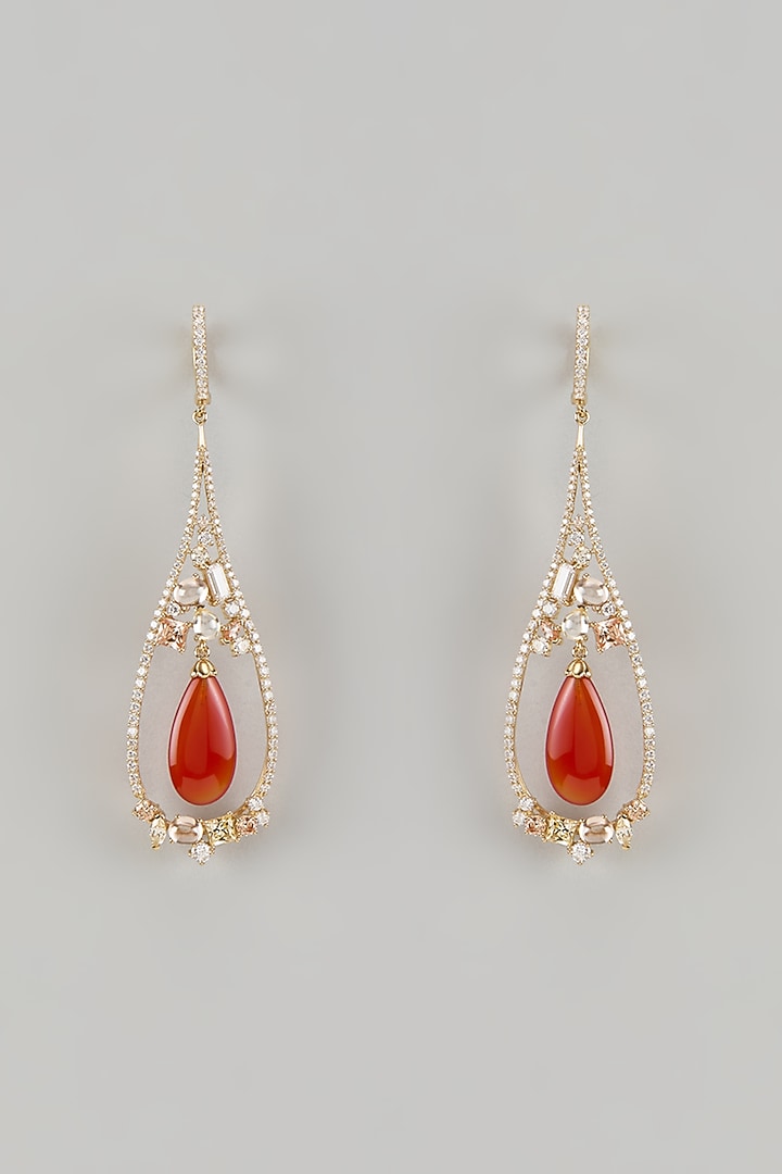 Gold Finish Cubic Zirconia & Agate Stone Dangler Earrings In Sterling Silver by Raeesa Jewels by Sanjana and Ritu at Pernia's Pop Up Shop