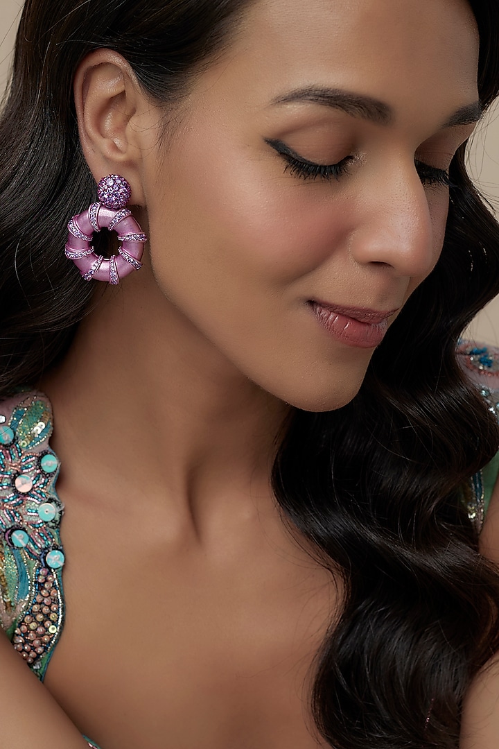 White Finish Cubic Zirconia & Purple Stone Hoop Earrings In Sterling Silver by Raeesa Jewels by Sanjana and Ritu at Pernia's Pop Up Shop