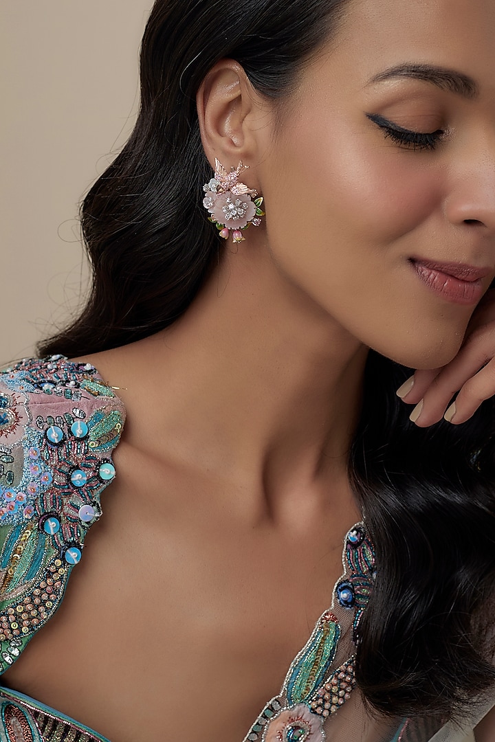 White Finish Multi-Colored Cubic Zirconia & Mother Of Pearl Stud Earrings In Sterling Silver by Raeesa Jewels by Sanjana and Ritu at Pernia's Pop Up Shop