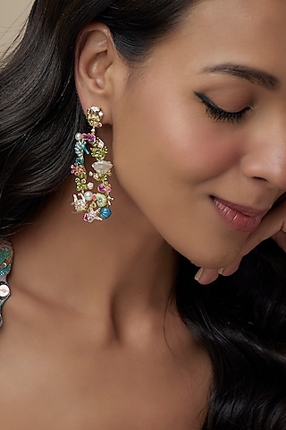Gold Finish Cubic Zirconia & Keishi Pearl Enameled Dangler Earrings In Sterling Silver by Raeesa Jewels by Sanjana and Ritu