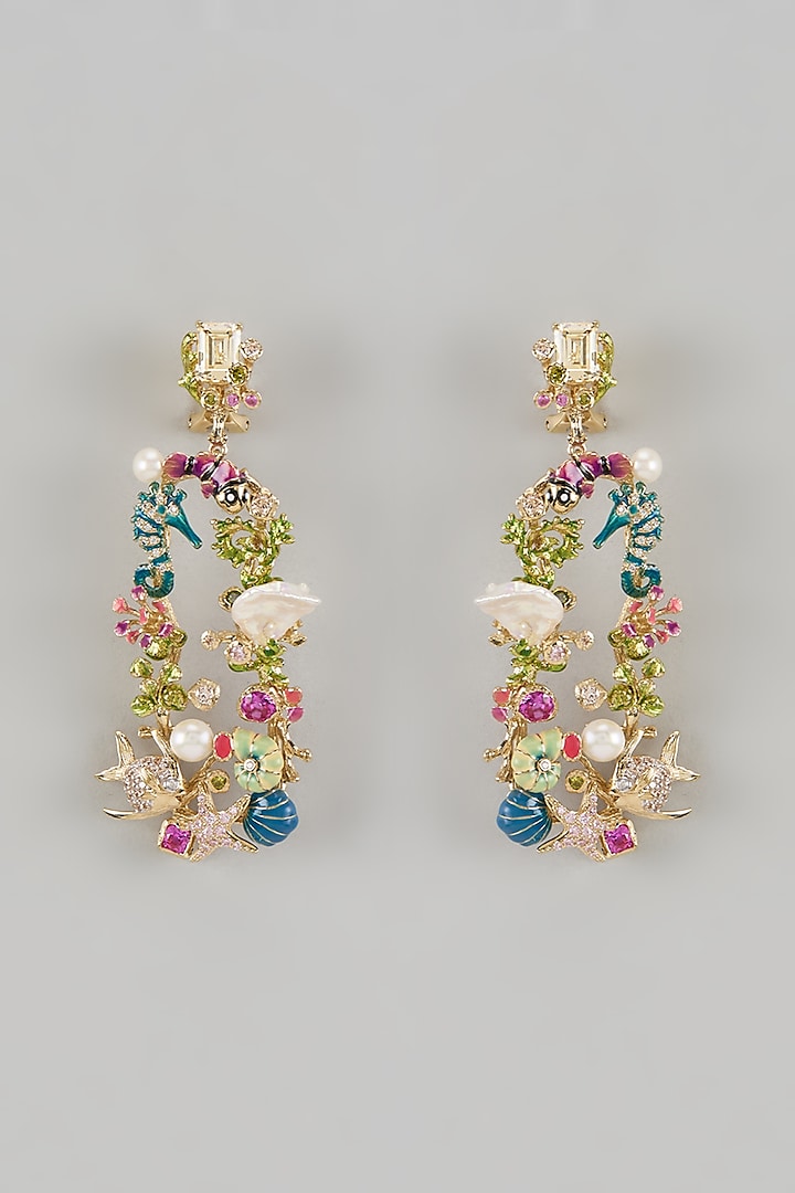Gold Finish Cubic Zirconia & Keishi Pearl Enameled Dangler Earrings In Sterling Silver by Raeesa Jewels by Sanjana and Ritu at Pernia's Pop Up Shop