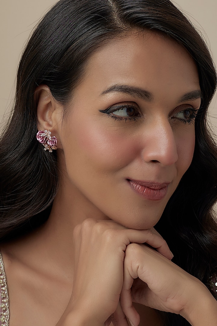 Rose Gold Finish Cubic Zirconia Floral Stud Earrings In Sterling Silver by Raeesa Jewels by Sanjana and Ritu at Pernia's Pop Up Shop