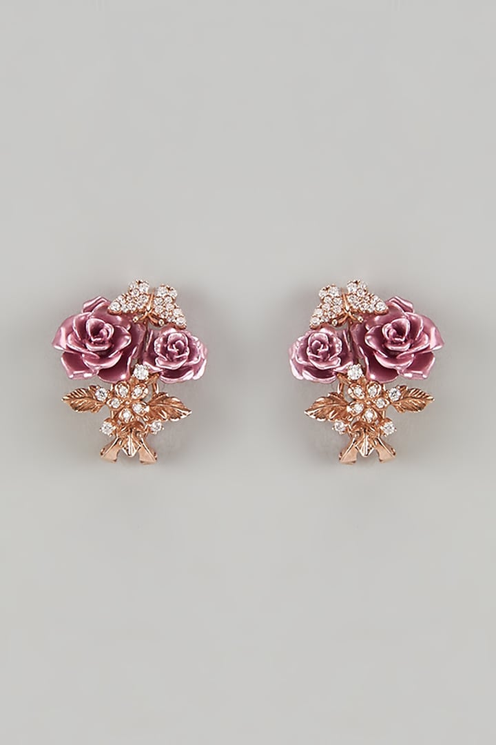 Rose Gold Finish Cubic Zirconia Floral Stud Earrings In Sterling Silver by Raeesa Jewels by Sanjana and Ritu at Pernia's Pop Up Shop