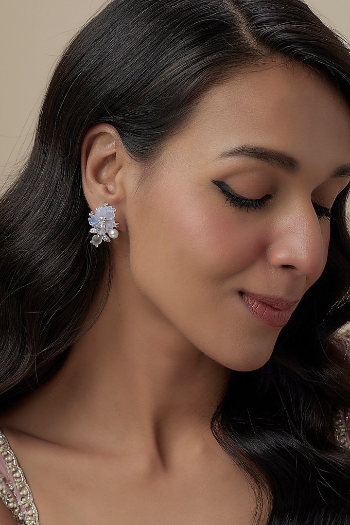 White Finish Cubic Zirconia & Blue Chalcedony Stone Stud Earrings In Sterling Silver by Raeesa Jewels by Sanjana and Ritu at Pernia's Pop Up Shop