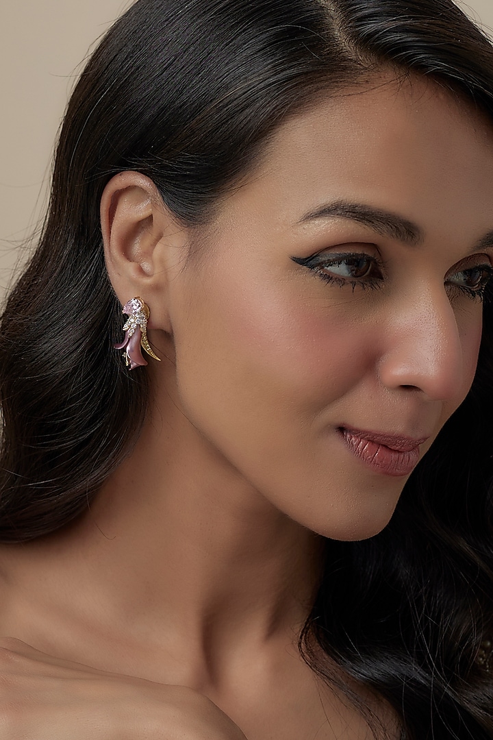 Gold Finish Cubic Zirconia Floral Dangler Earrings In Sterling Silver by Raeesa Jewels by Sanjana and Ritu at Pernia's Pop Up Shop