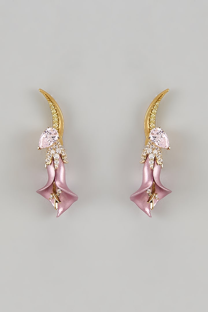 Gold Finish Cubic Zirconia Floral Dangler Earrings In Sterling Silver by Raeesa Jewels by Sanjana and Ritu at Pernia's Pop Up Shop