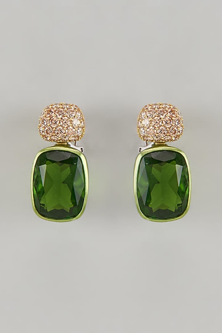 Gold Finish Cubic Zirconia & Green Stone Dangler Earrings In Sterling Silver by Raeesa Jewels by Sanjana and Ritu at Pernia's Pop Up Shop