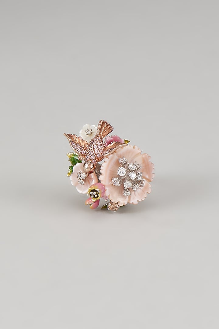 White Finish Peach Cubic Zirconia & Mother Of Pearl Bird Ring In Sterling Silver by Raeesa Jewels by Sanjana and Ritu at Pernia's Pop Up Shop