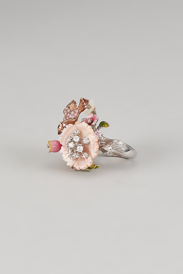 White Finish Peach Cubic Zirconia & Mother Of Pearl Bird Ring In Sterling Silver by Raeesa Jewels by Sanjana and Ritu at Pernia's Pop Up Shop