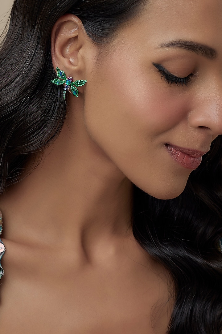 White Finish Green Cubic Zirconia Dragonfly Stud Earrings In Sterling Silver by Raeesa Jewels by Sanjana and Ritu at Pernia's Pop Up Shop