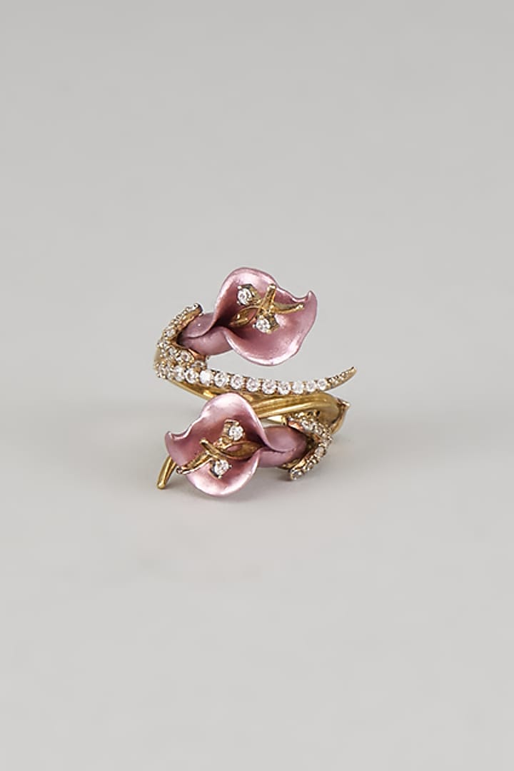 Rose Gold Finish Pink Cubic Zirconia Enameled Floral Ring In Sterling Silver by Raeesa Jewels by Sanjana and Ritu at Pernia's Pop Up Shop